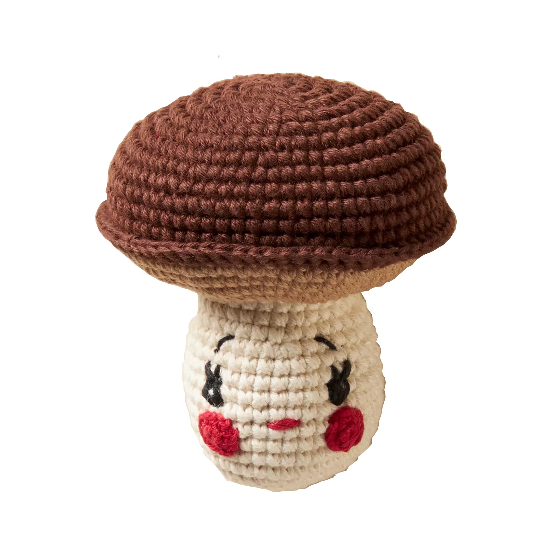 A mushroom-shaped crocheted dog toy on a white background.