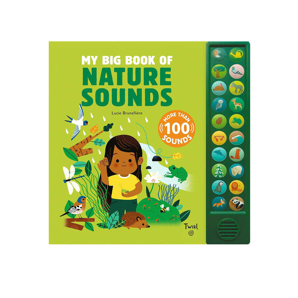 Book titled 'My Big Book of Nature Sounds' with illustrations and sound buttons on a green background