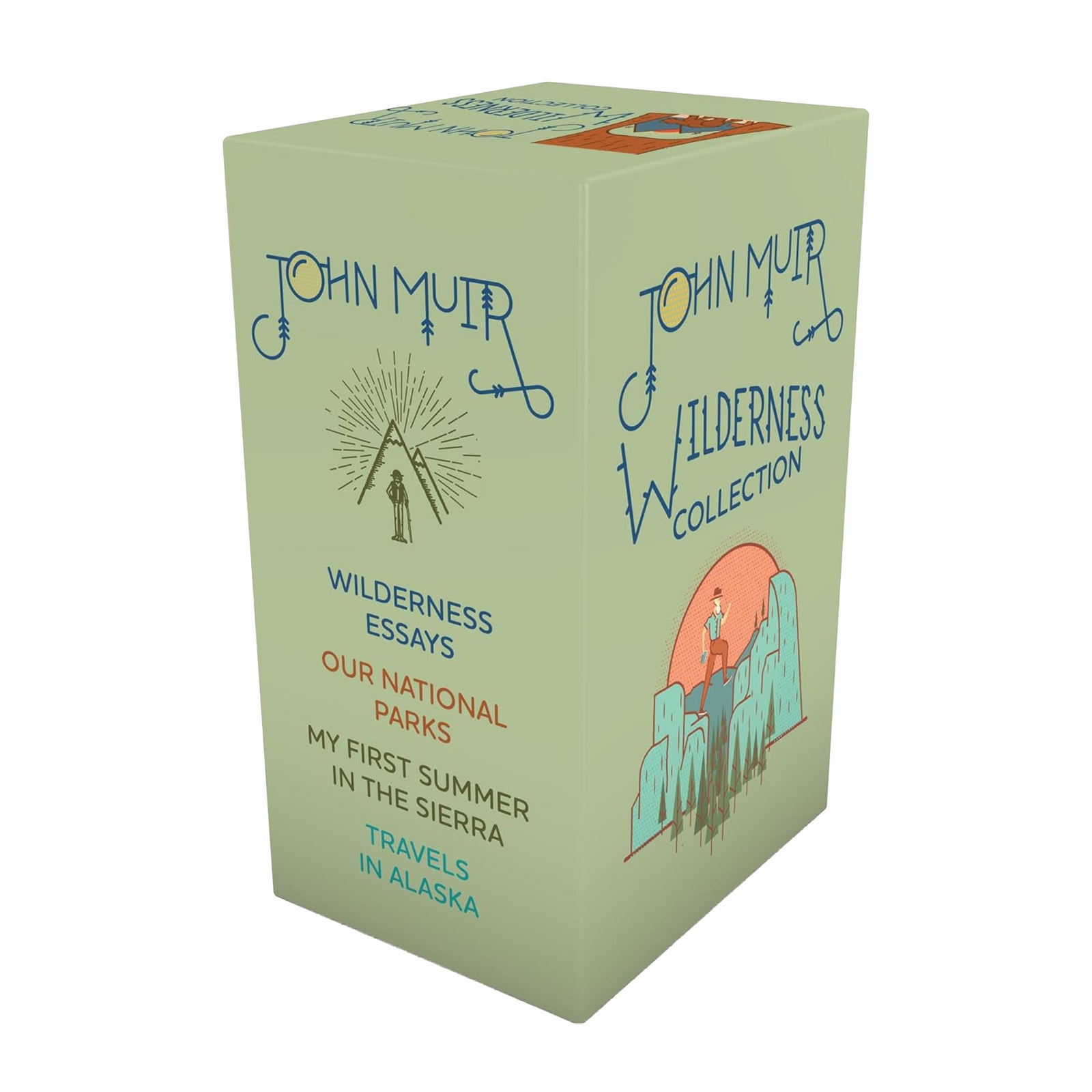 John Muir book collection box with illustrations and text on a white background