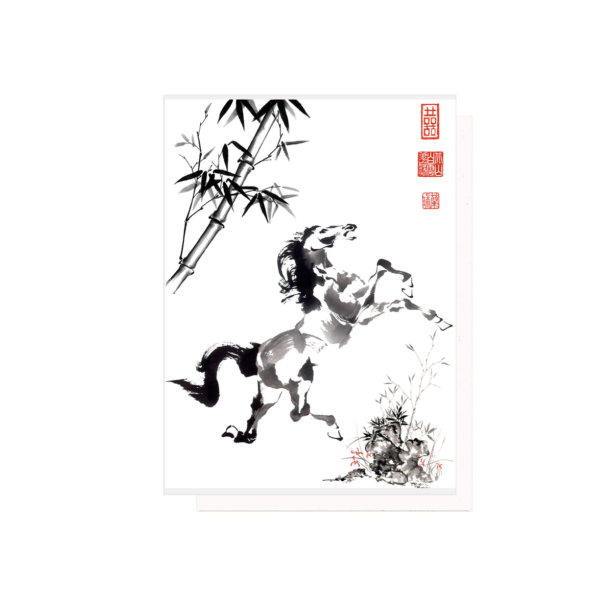 Note card with a design of a traditional Chinese ink painting of a horse with bamboo and flowers on a white background