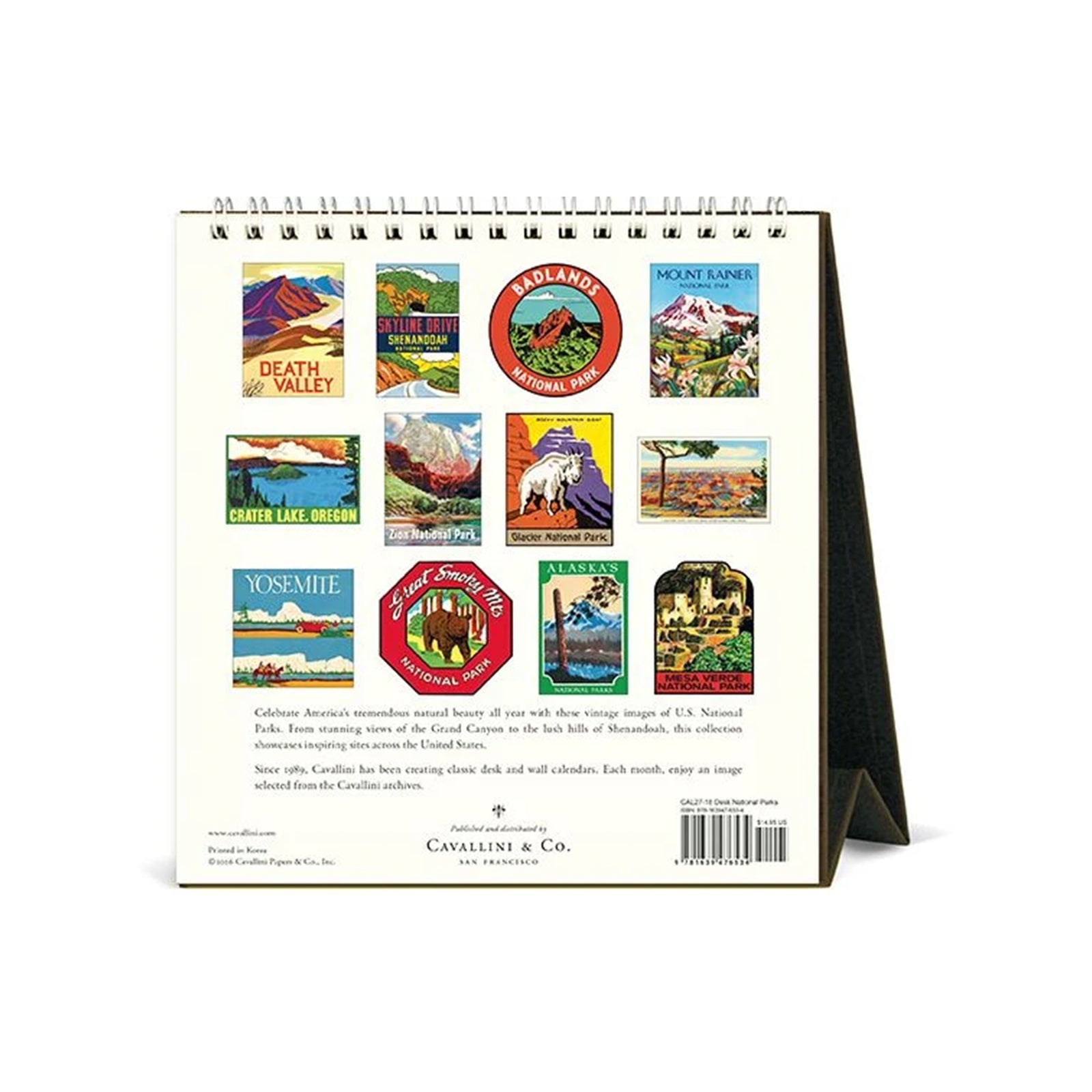A 2027 spiral-bound National Parks desk calendar with a cream-colored cover featuring an illustration of a bear in a mountain landscape and the text 'NATIONAL PARKS 2027'.