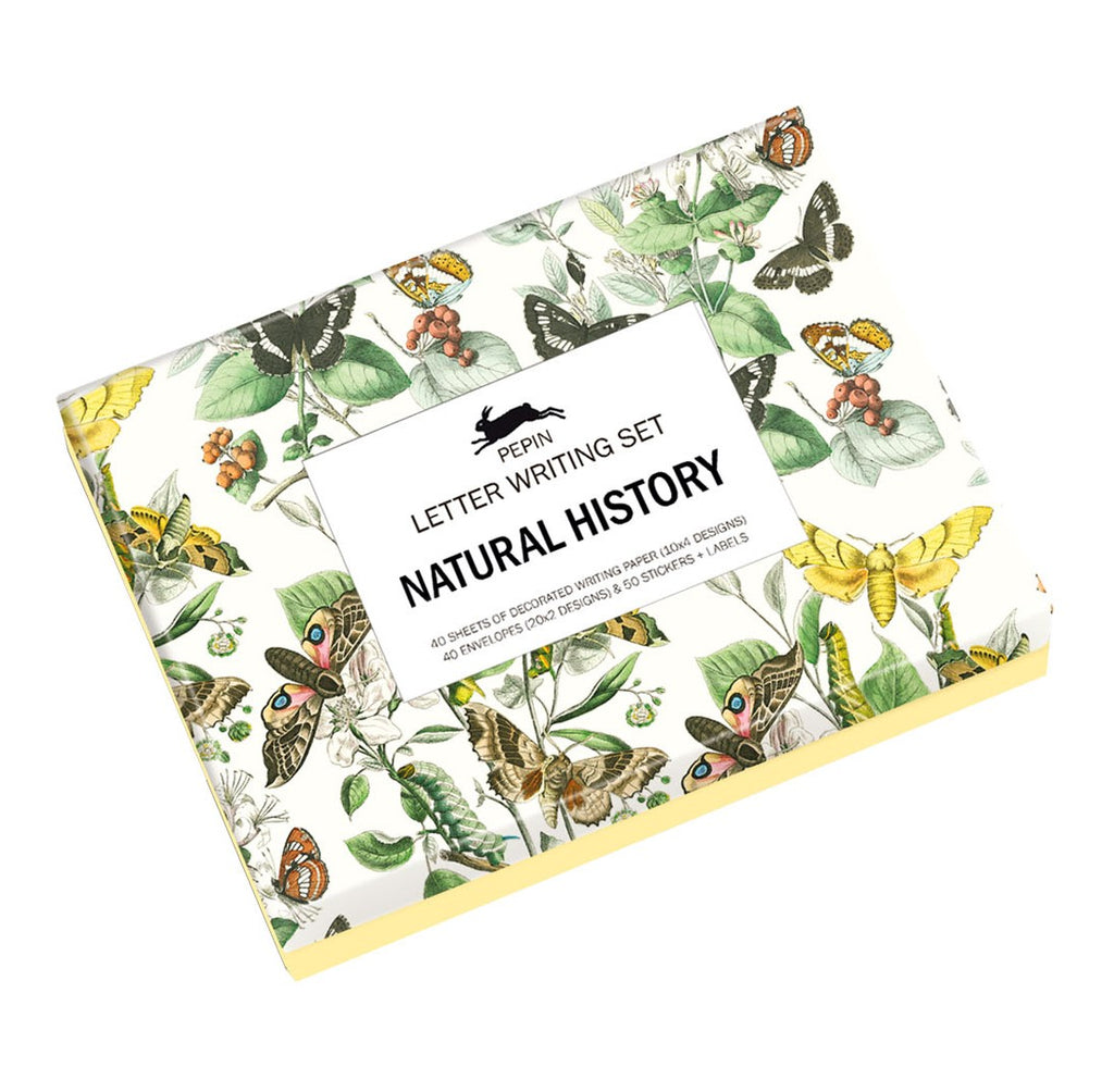 This Letter Writing Set contains 10 sheets of 4 different, vintage style, Natural History inspired designs (printed on one side) - 40 sheets in total, of A5 sized letter writing paper. 40 envelopes, two designs are also included. 50 assorted stickers complete the set. Box dimensions: 9" x 6.5" x 2".