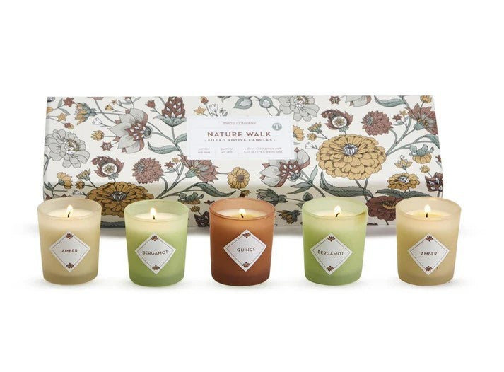 This delightful candle set allows you to create clusters of candles in complementary fall colors and scents, adding an eye catching, cozy and magical glow to any roomSet of 5 soy wax candles in glass vessels Includes three scents: Amber, Bergamot and Quince. Perfect for gifting Dimensions: Candles: 2" x 1.75". Gift box: 10.75" x 3" x 2"