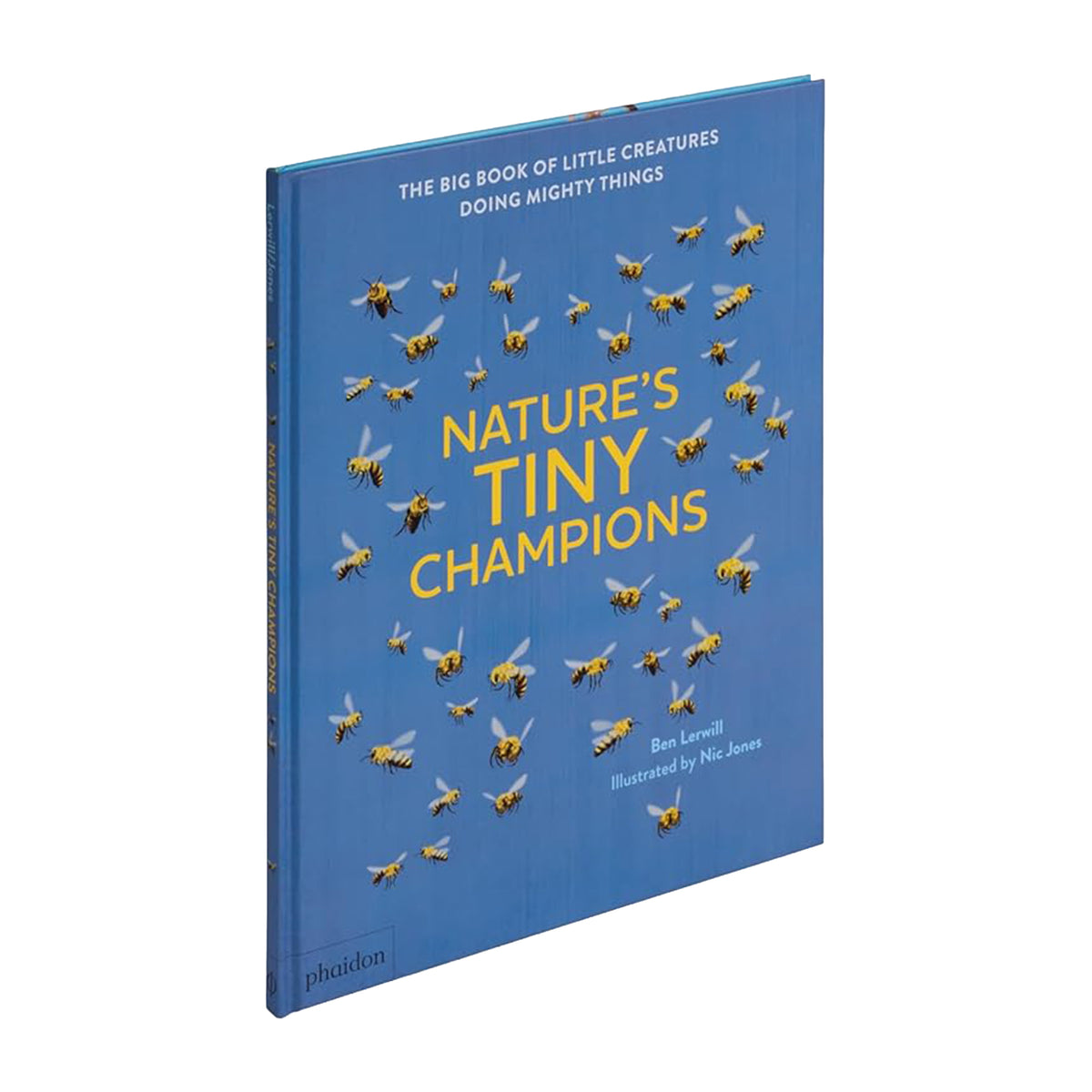 Book titled 'Nature's Tiny Champions' with bee illustrations on a blue background