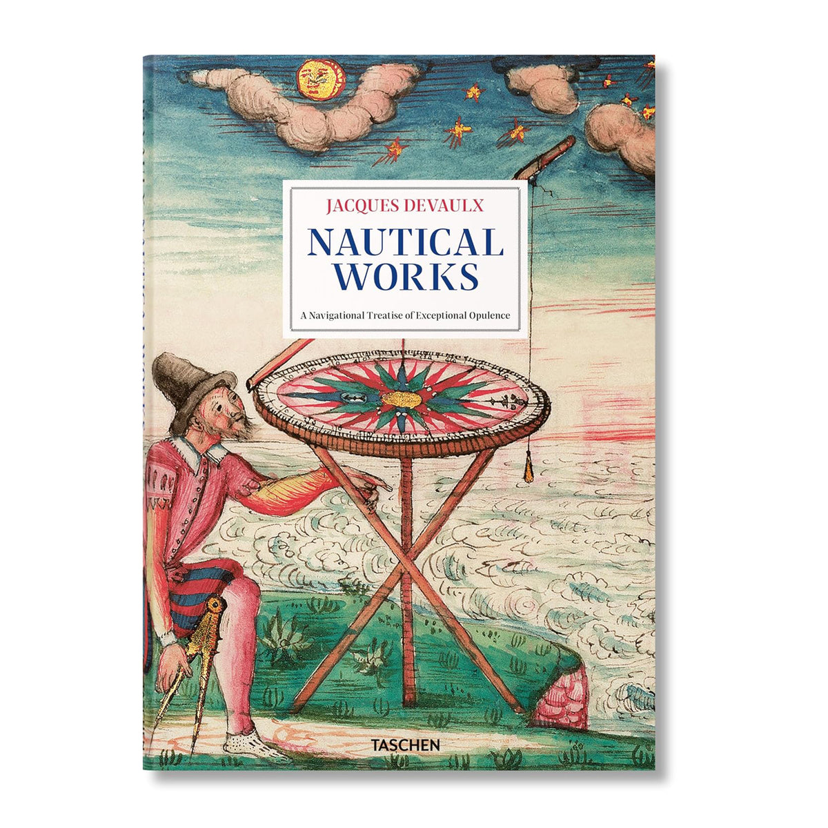 Book cover of 'Nautical Works' by Jacques Devaulx with a colorful illustration of a person with a telescope and celestial elements.