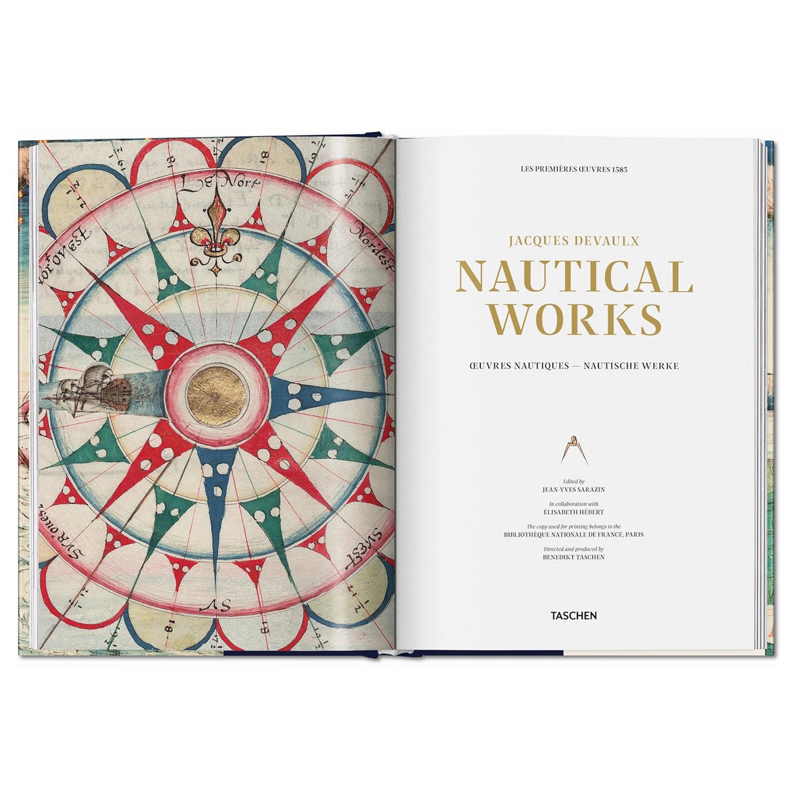 Book cover of 'Nautical Works' by Jacques Devaulx with a colorful illustration of a person with a telescope and celestial elements.