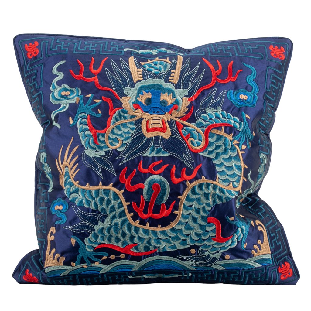 2024 is the Year of the Dragon, and how better to celebrate than with this sumptuously embroidered deep navy silk-satin throw pillow. This elegant and luxurious design will add a touch of Chinoiserie elegance to any corner of your home. Material: Silk-satin with embroidery. Dimensions: 20" x 20" Limited edition