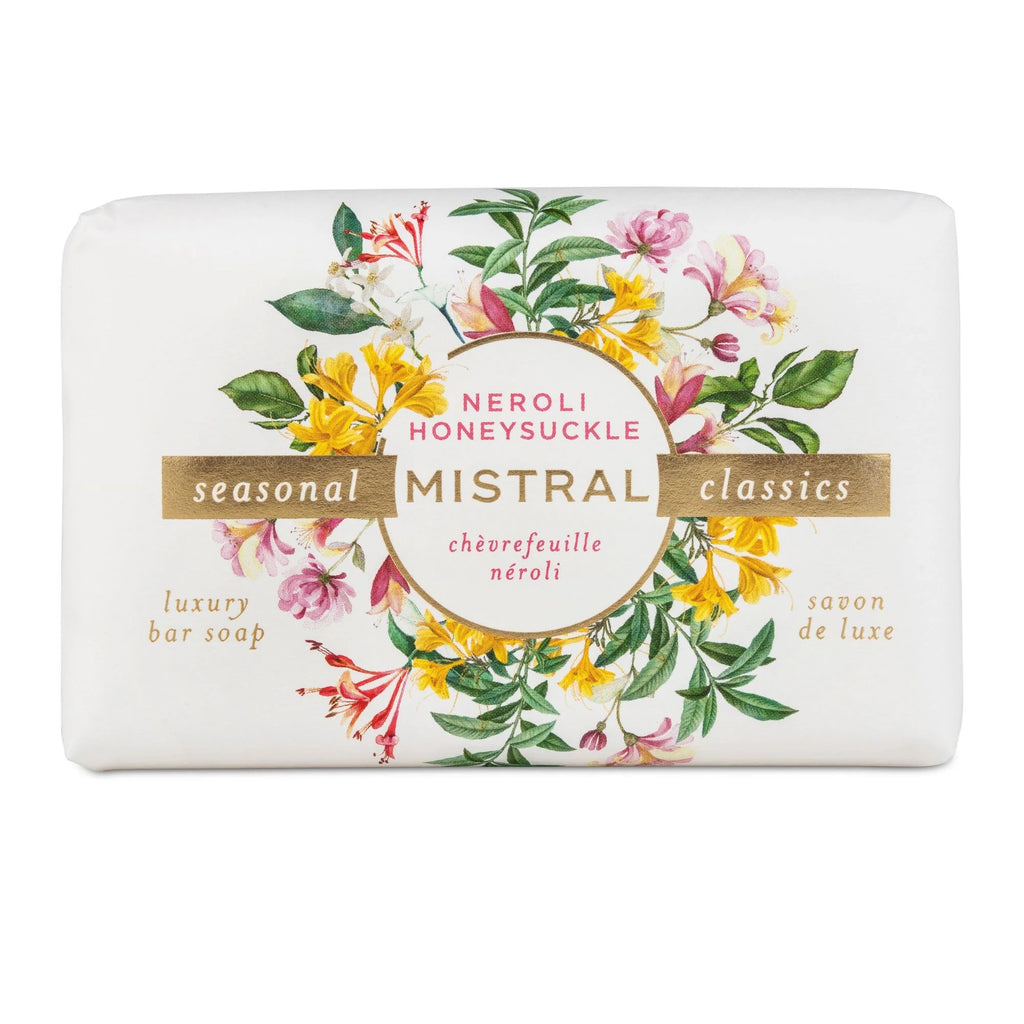 This soft, dreamy scent opens with sparkling orange blossom and petitgrain before giving way to a heart of white jasmine and sweet honeysuckle, evoking a summer garden in full bloom. Made with natural and organic ingredients and French perfume, this triple-milled bar soap is long lasting, luxurious, and fragrant. 7oz.
