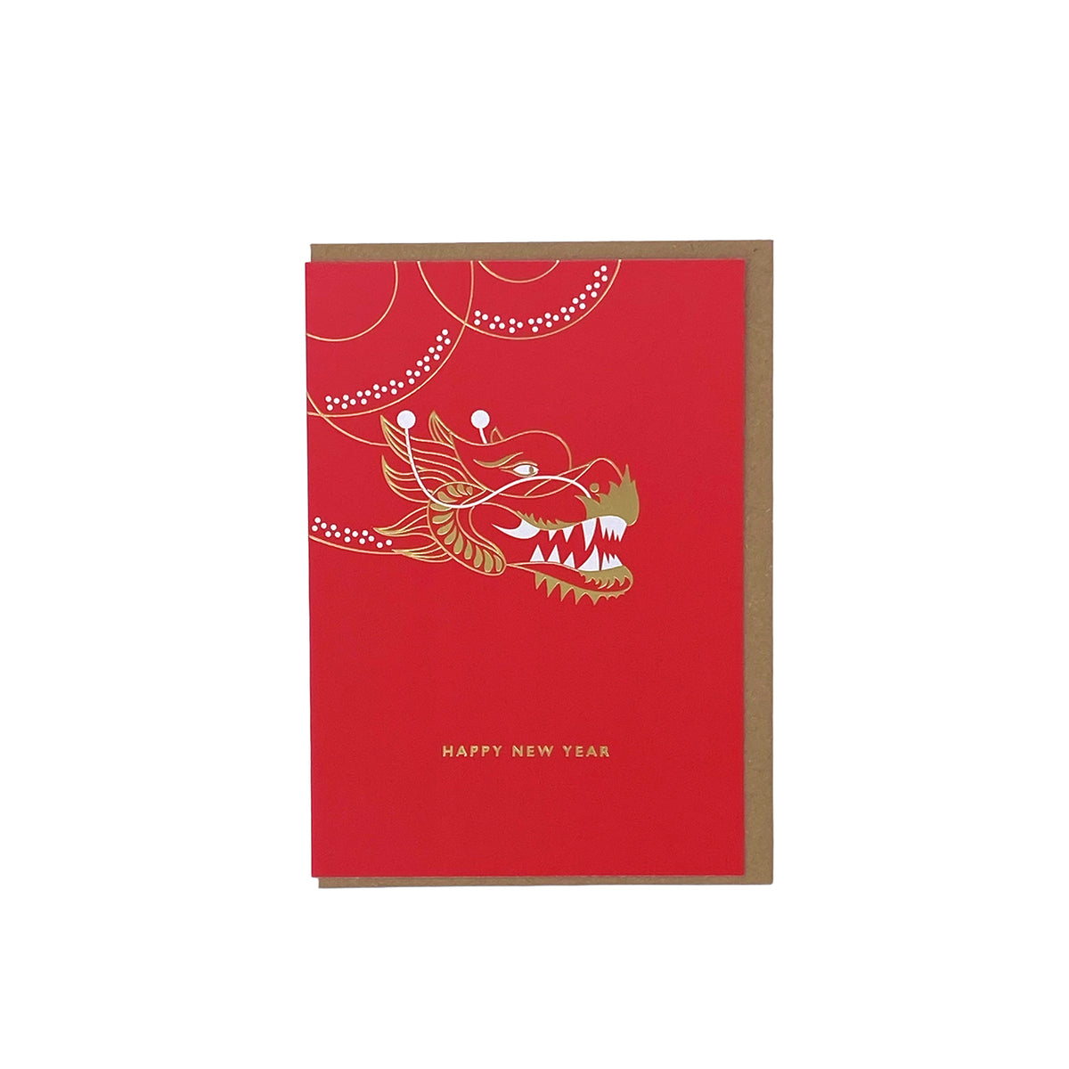 Celebrate the new year in style with this vibrant red and gold note card featuring traditional dragon artwork.
Details on the card are embossed and highlighted with gold foil for an added touch of elegance.