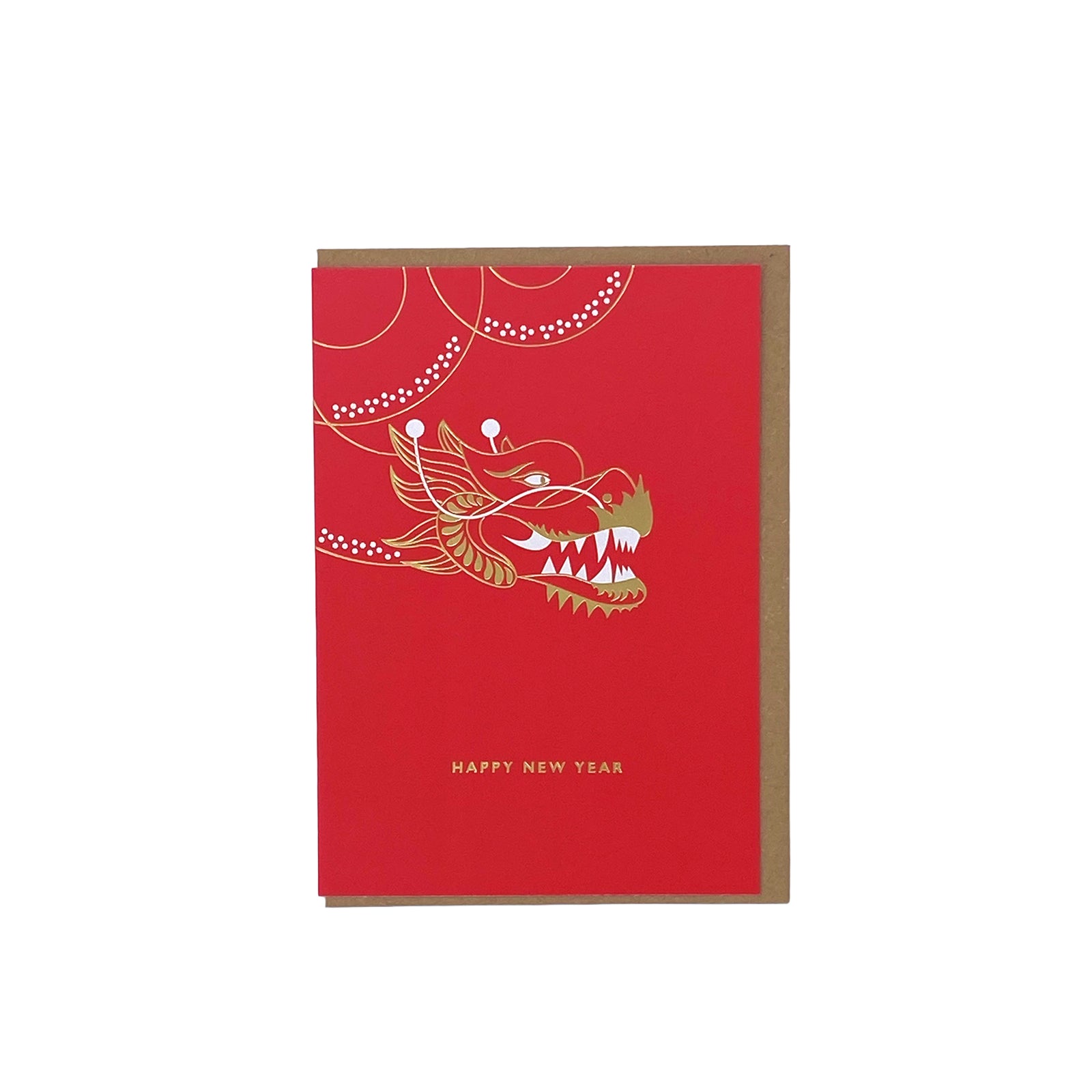 Celebrate the new year in style with this vibrant red and gold note card featuring traditional dragon artwork.
Details on the card are embossed and highlighted with gold foil for an added touch of elegance.