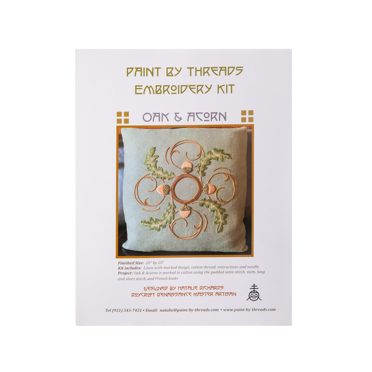 Embroidery kit packaging with design of oak leaves and acorns on a white background