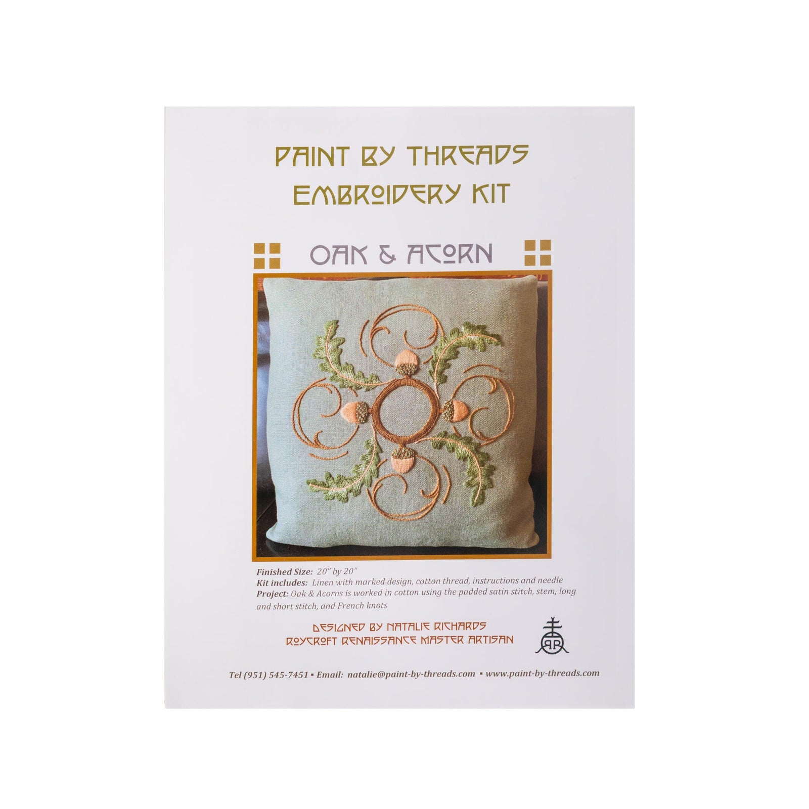 Embroidery kit packaging with design of oak leaves and acorns on a white background