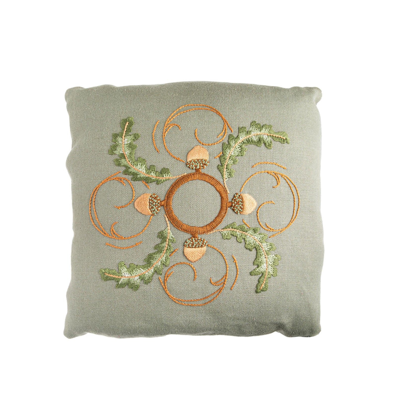 Embroidery kit packaging with design of oak leaves and acorns on a white background