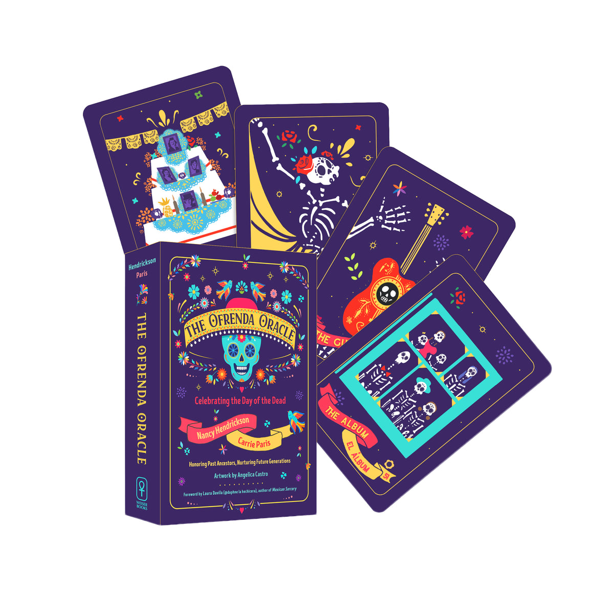 The Ofrenda Oracle deck and cards displayed on a clean white background, featuring a purple box and four illustrated cards with Day of the Dead themed artwork.