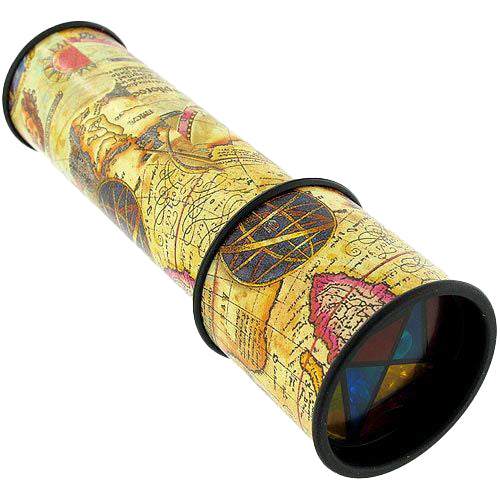 Rotate this 6.5-inch kaleidoscope to experience a constantly changing, colorful view of the world. With the ability to show amazing colors and shapes, this classic toy has an outside design featuring vintage map imagery, giving the kaleidoscope a touch of old-world charm.  Dimensions: 6.5" x 2".