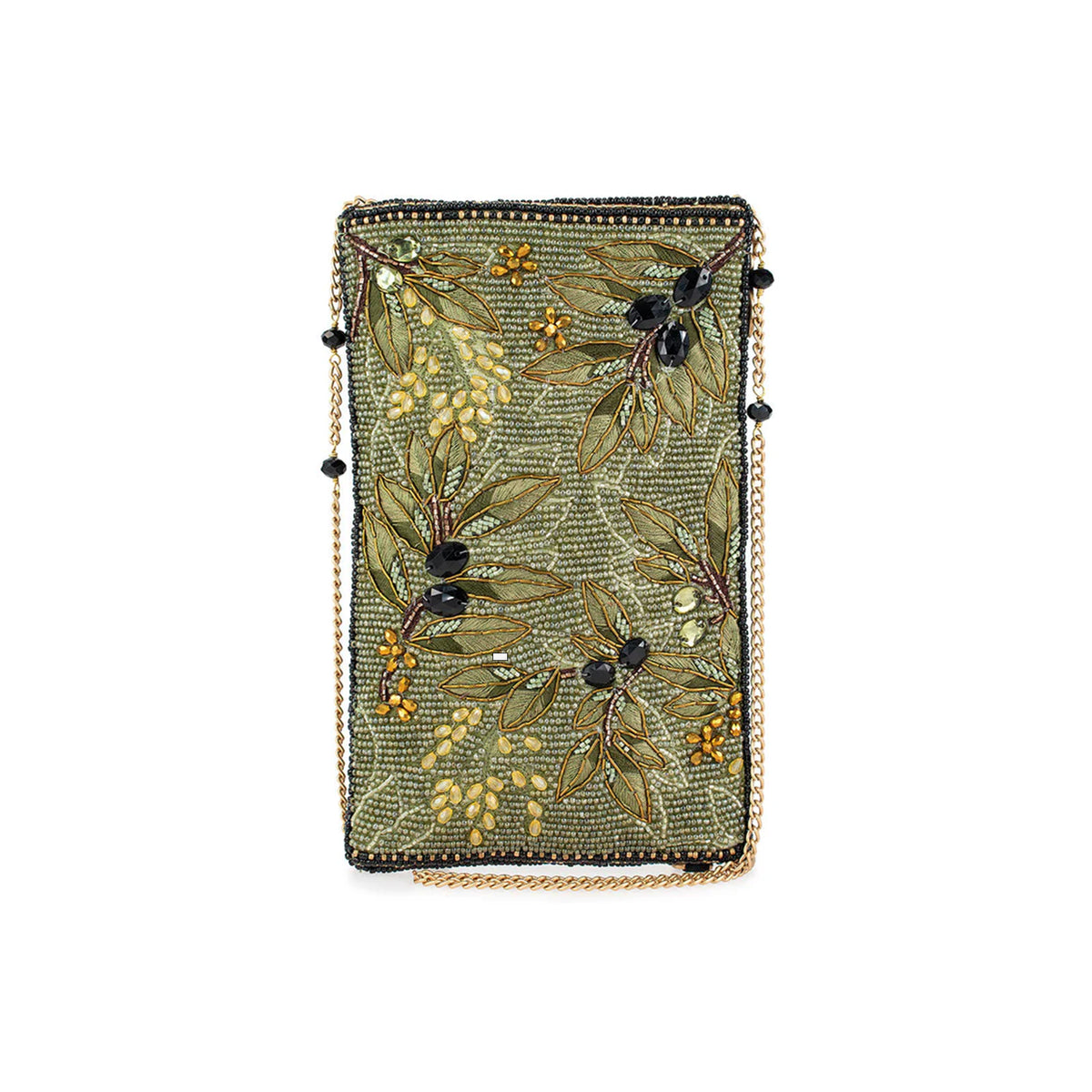 Green embroidered clutch bag with floral design on a white background