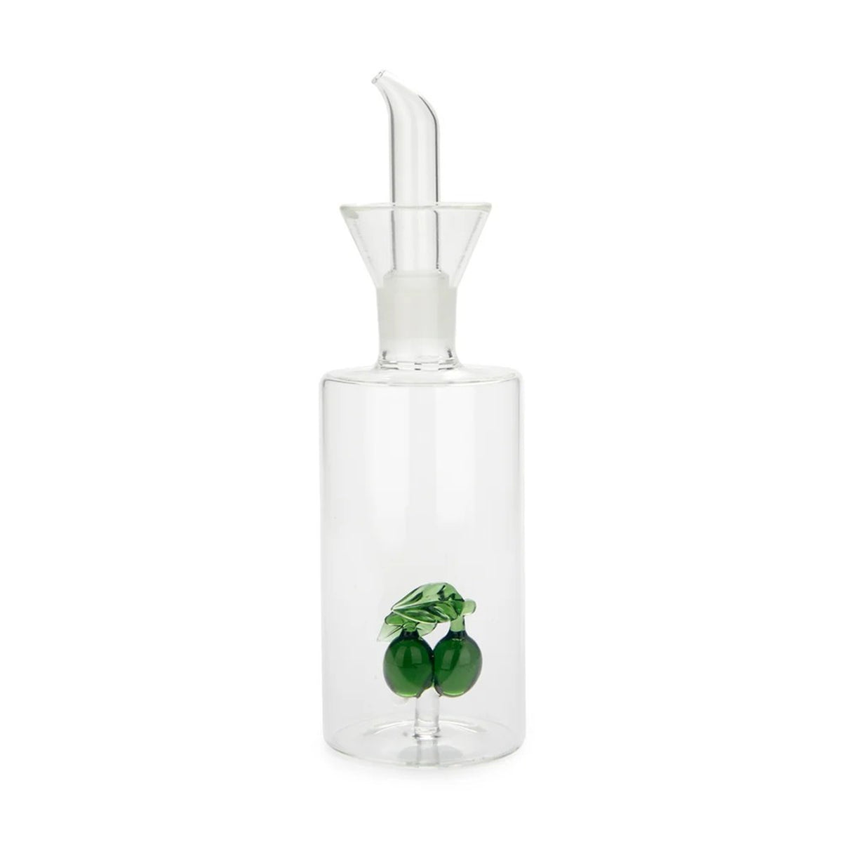 A clear glass bottle with a matching glass pour spout and a small green glass olives design near the bottom, shown on a plain white background.