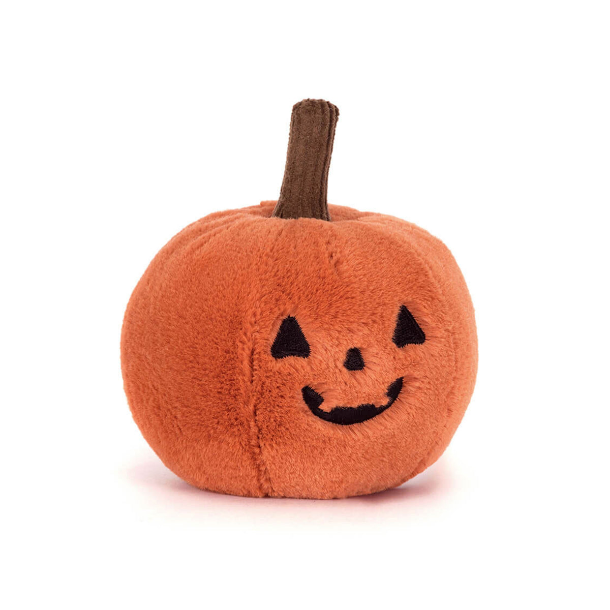 An orange plush pumpkin Jellycat toy with a stitched jack-o'-lantern face and a brown stem, photographed on a clean white background.