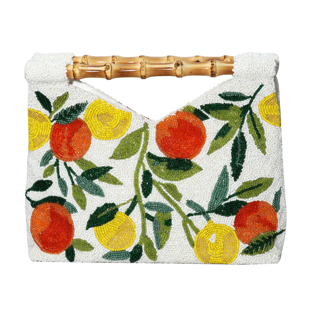 Add a touch of zesty loveliness to your outfit with this hand-beaded orange & lemon motif purse.   This opulent accessory features a natural bamboo handle, magnetic snap-fastening, silk-satin lining and in inside slip-pocket which is the perfect size for cards or a lipstick. Limited edition Dimensions: 11" x 8" x 2.5".