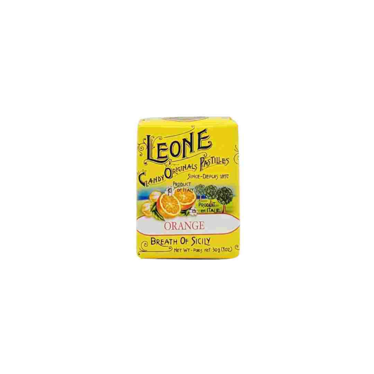 A yellow rectangular box of Leone Originals Pastilles Breath of Sicily orange-flavored sweets, shown against a plain white background.