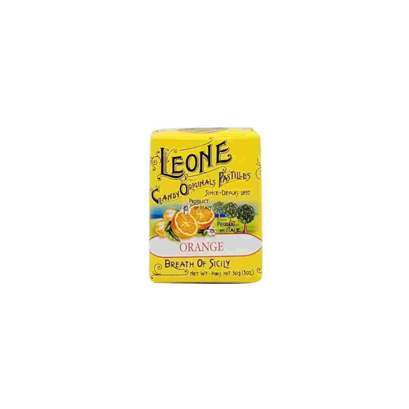 A yellow rectangular box of Leone Originals Pastilles Breath of Sicily orange-flavored sweets, shown against a plain white background.
