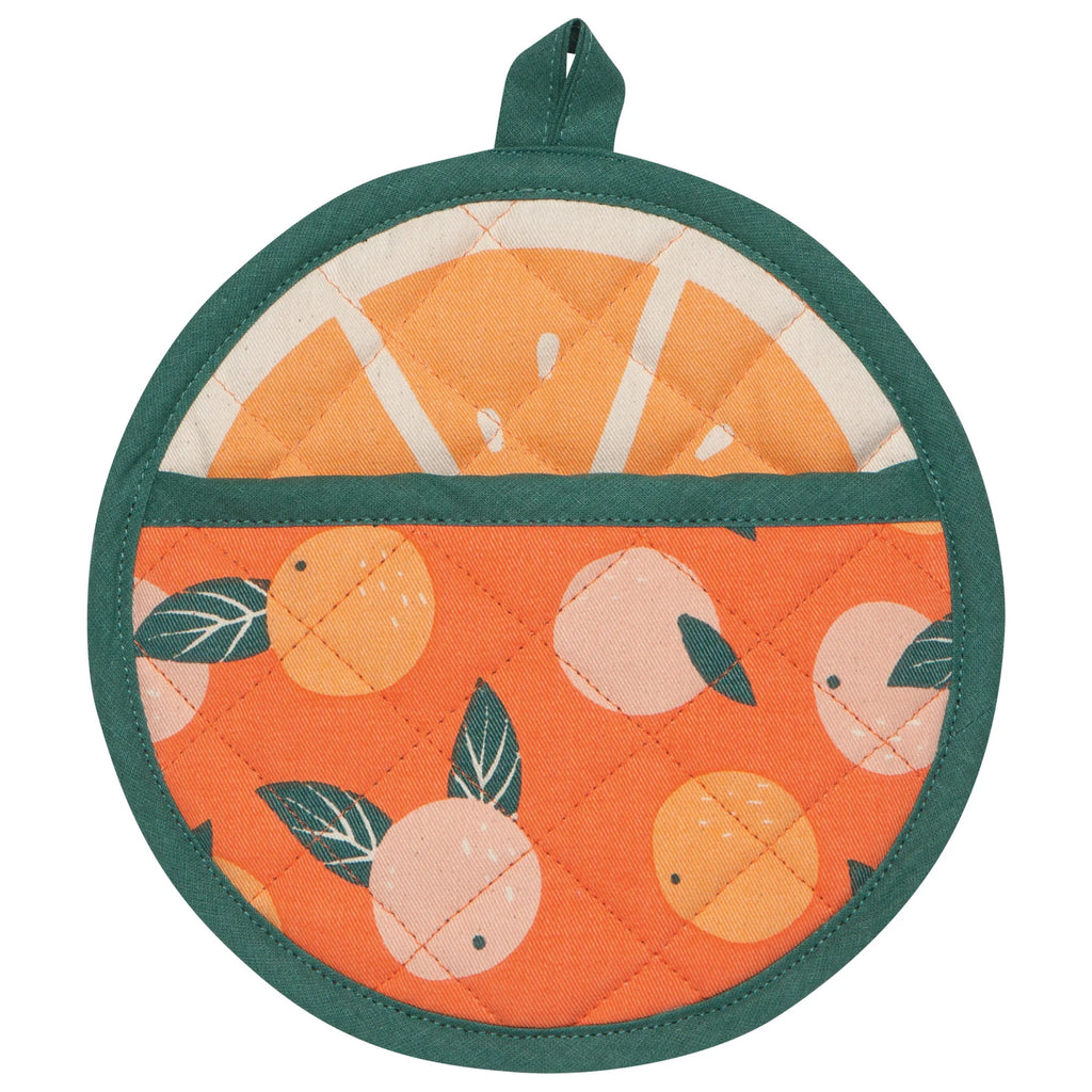 Keep your cool in the kitchen and let the design and color of this whimsical, orange-shaped potholder take the heat for you.   Made from a heavy, 100% cotton quilted canvas. Includes a handy pocket to slide your hand into to help carry hot dishes, and a loop at the top. Machine washable. Diameter: 8.5"