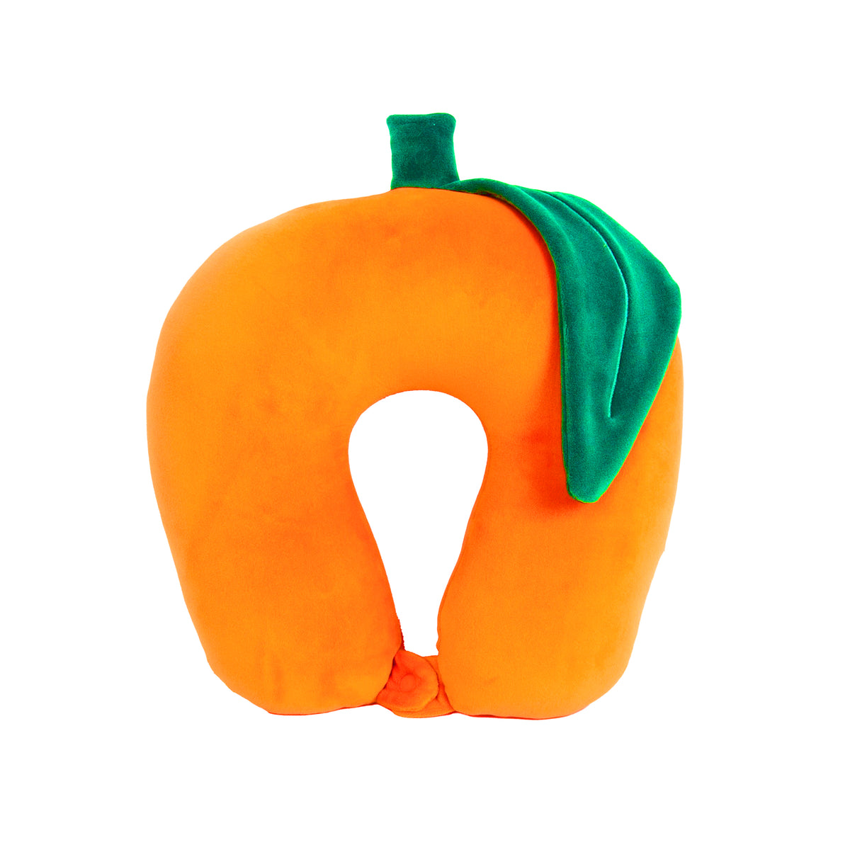 An orange-shaped neck pillow with a green stem and leaf, photographed on a solid white background.