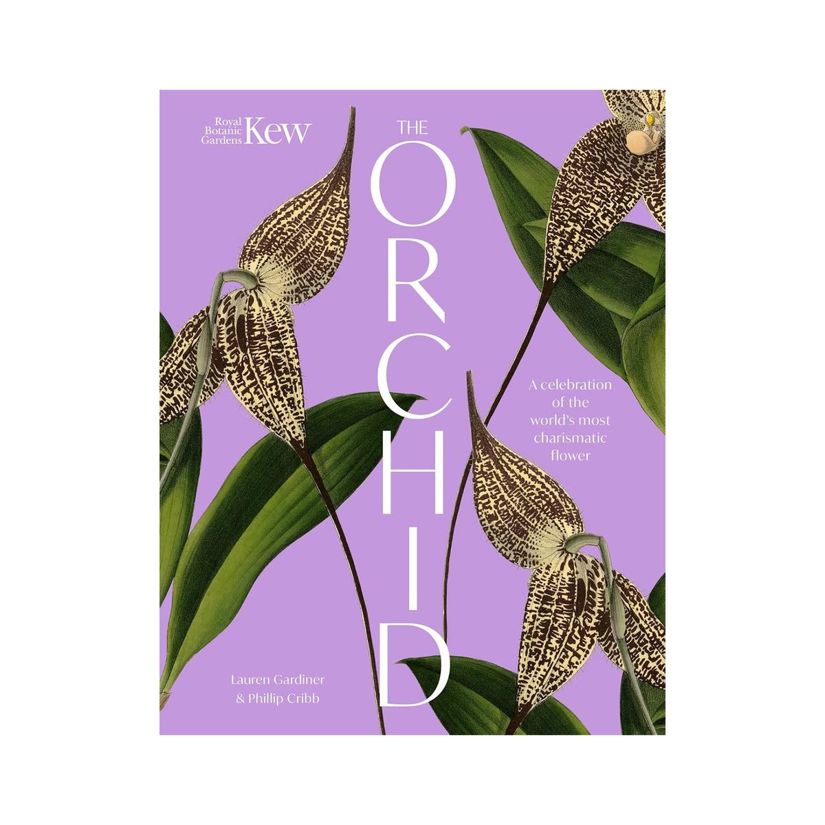 Book cover of 'The Orchid' with Kew Gardens logo and orchid illustrations on a purple background