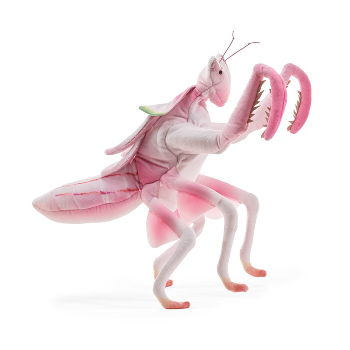 Pink and white praying mantis plush toy hand puppet on a white background