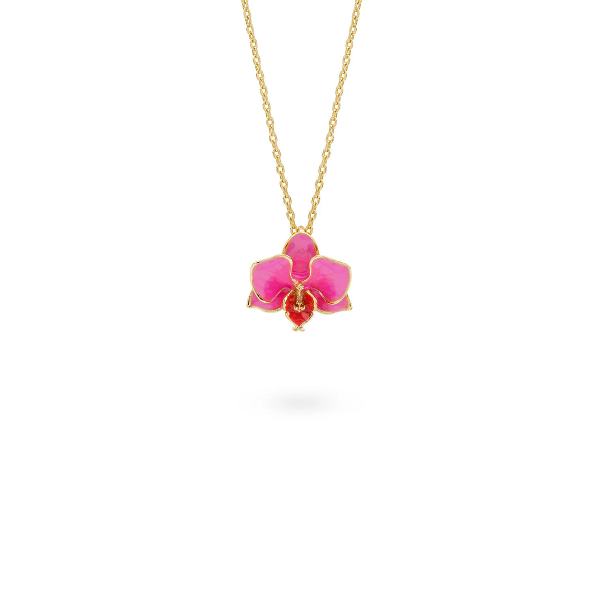 Necklace with a pink orchid flower pendant on a white background