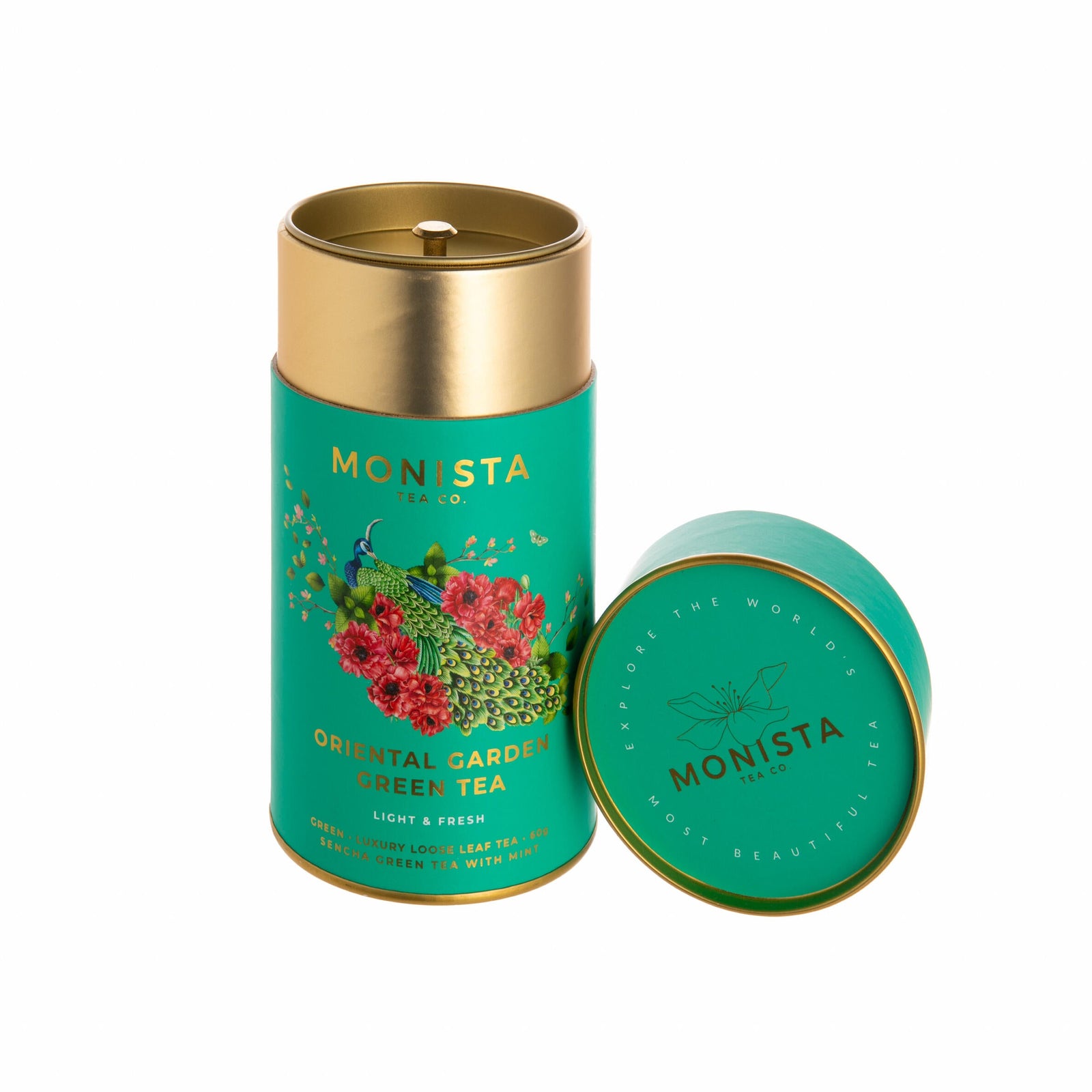 Green tea canister with gold lid and 'Monista' branding on a white background