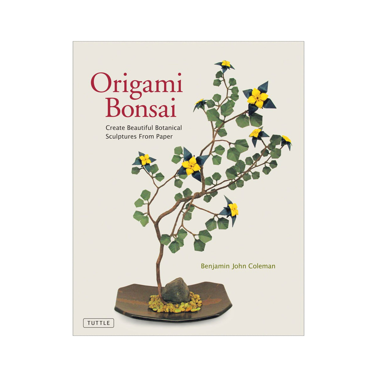 Book cover of Origami Bonsai showing a paper bonsai tree on an off white background.