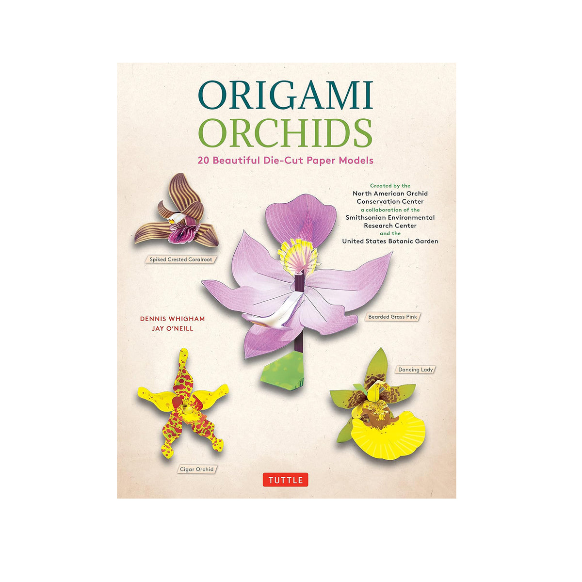 Book cover of 'Origami Orchids' with illustrations of paper orchids on a beige background.