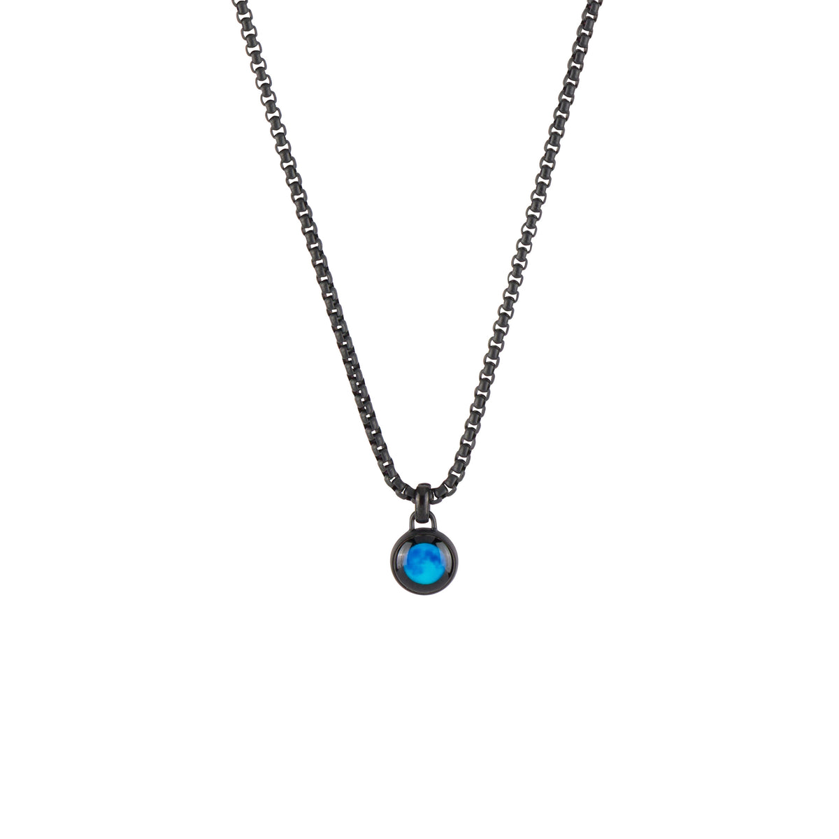 A dark gunmetal chain necklace with a small circular pendant featuring a vibrant blue iridescent stone, shown against a plain white background.