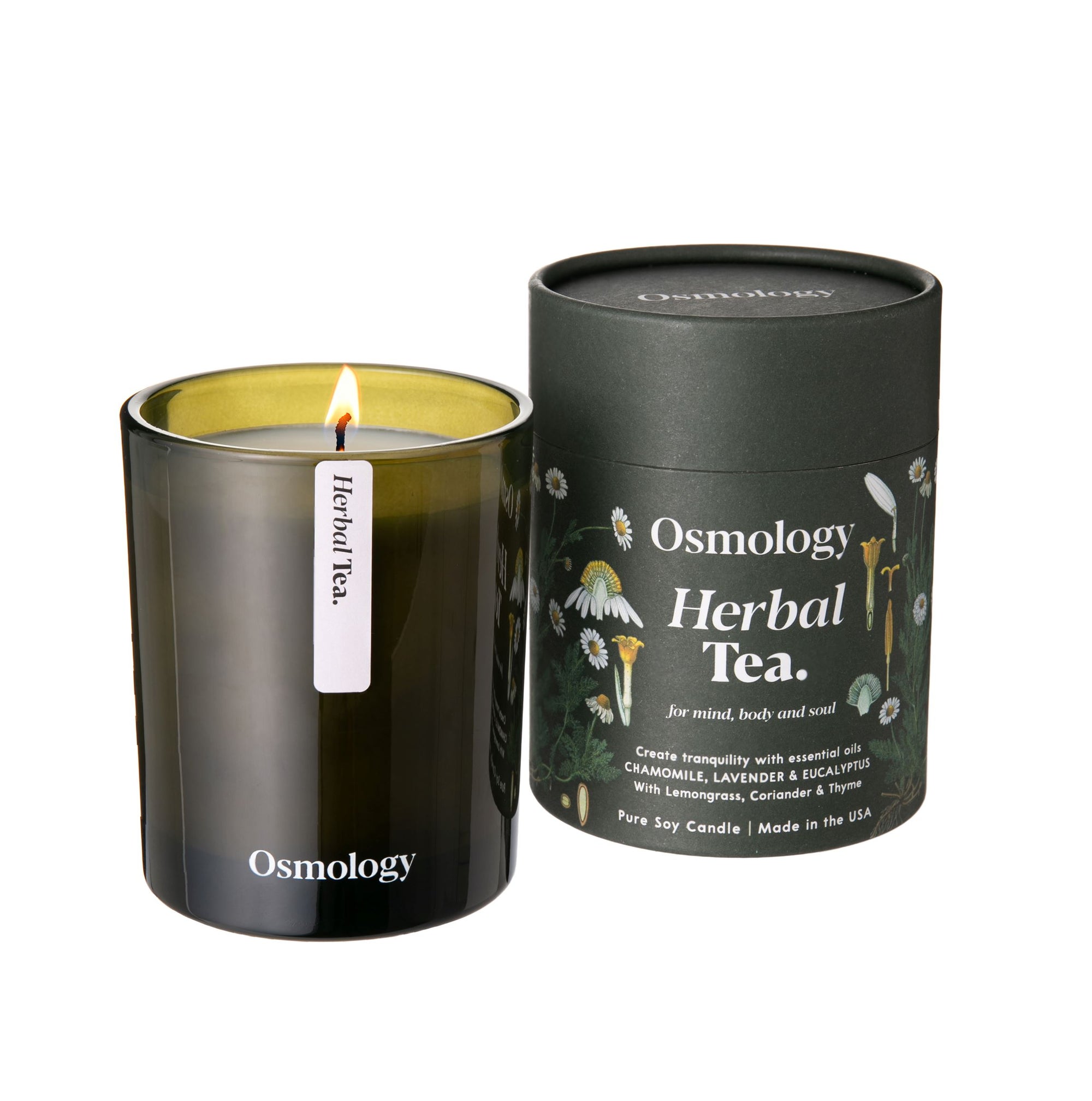 This high-quality candle is luxuriously scented with chamomile, lavender and eucalyptus essential oils, creating a feeling of tranquility, relaxation & wellbeing. Made from clean-burning, biodegradable, sustainable, US grown soy with a lead-free cotton wick. 7oz Vegan. Dimensions: 3/34" x 3". Made in the USA. 