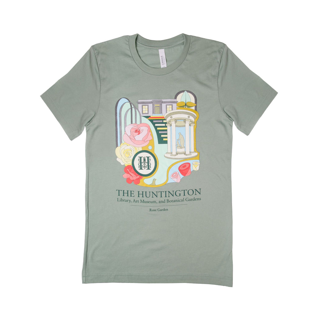 Part of a collection of products designed by Design Lab students at OTIS College of Art & Design, Los Angeles. This soft, sage-colored cotton tee features a colorfully designed interpretation of The Huntington's beloved Rose Garden, by an OTIS Design Lab student. 100% Cotton Available sizes: SML - 2XL.