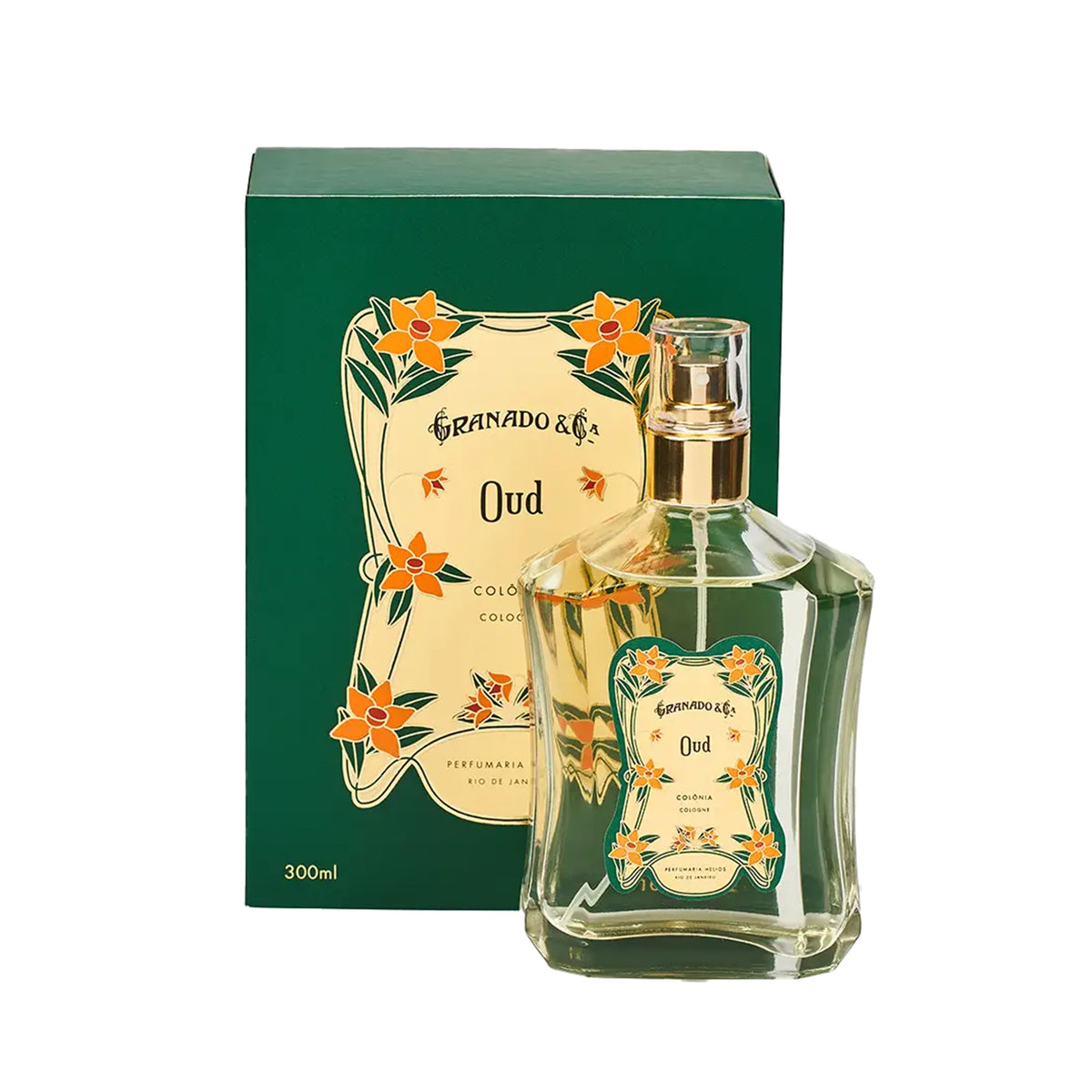 Perfume bottle and packaging with floral design on a white background