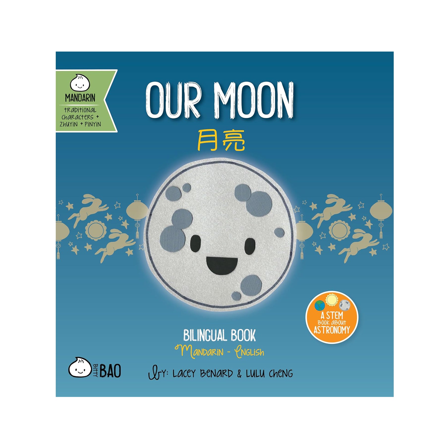 Book cover of 'Our Moon' with a cartoon moon face on a blue background