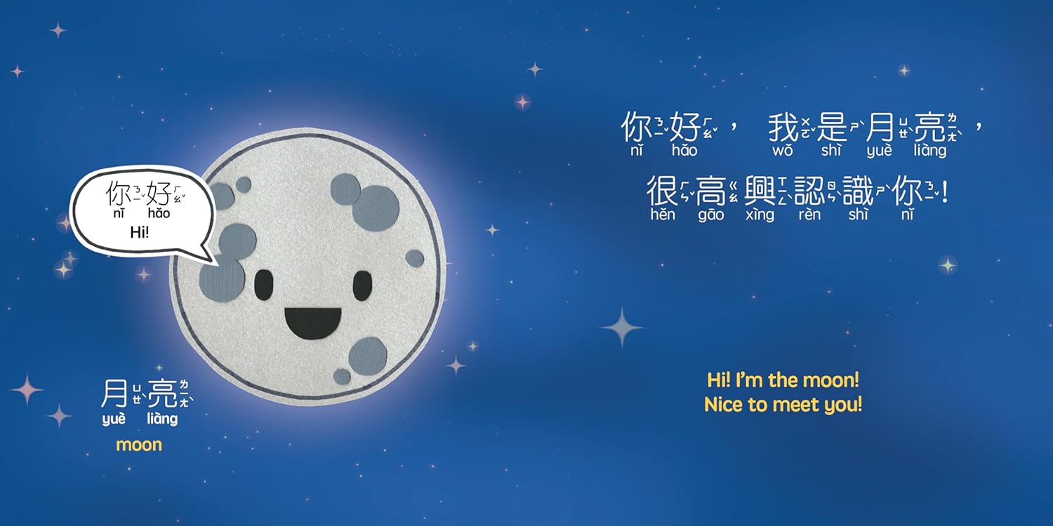 Book cover of 'Our Moon' with a cartoon moon face on a blue background