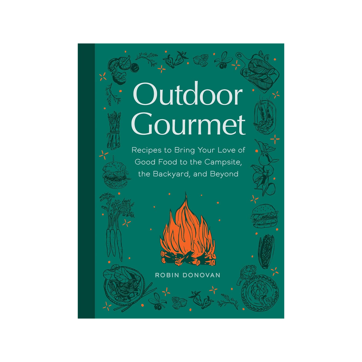 Book cover of 'Outdoor Gourmet' with a teal background and illustrations of food and a campfire.