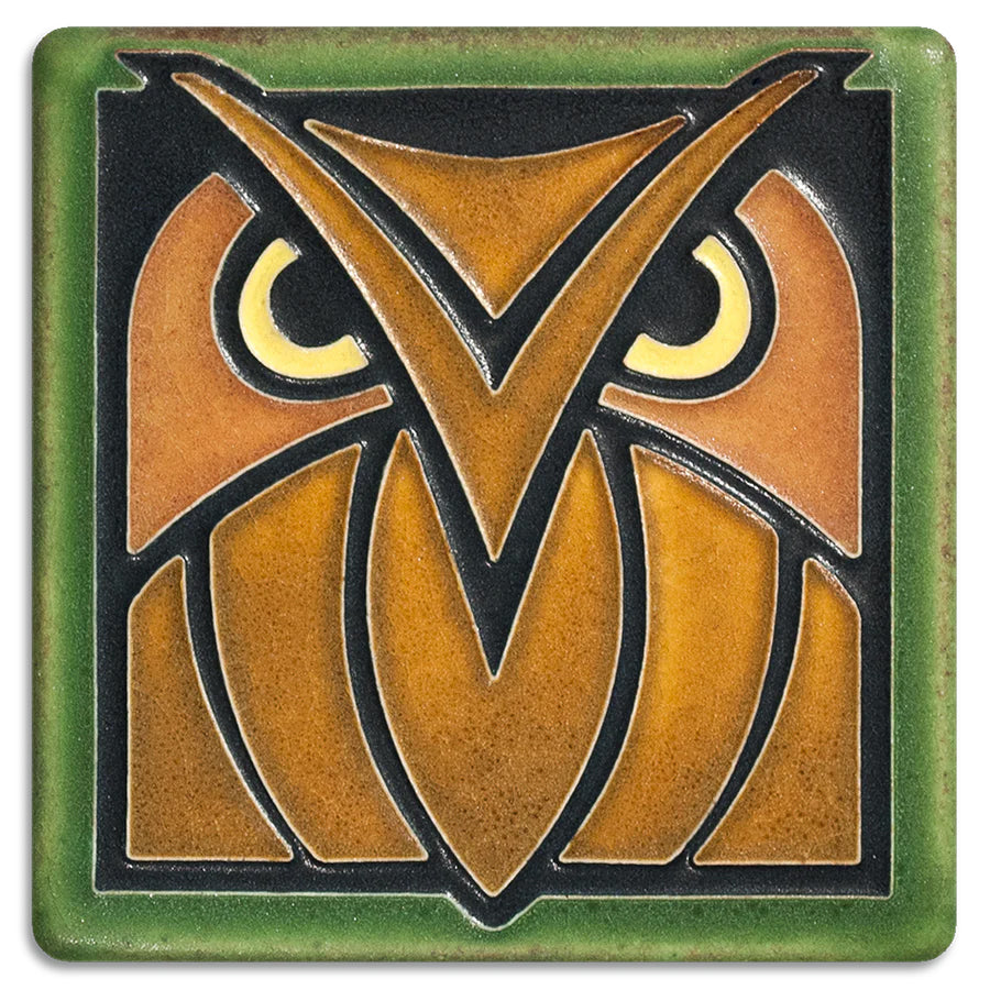 This decorative owl ceramic tile is handcrafted in the style of the the Arts and Crafts movement by Motawi Tileworks in Ann Arbor, Michigan. Every tile is hand-trimmed, hand-sanded, hand-glazed, and "hand-handled" 28 times. 4 x 4 inches Handcrafted Tiles are 5/8" thick and have a notch at the back for hanging unframed.