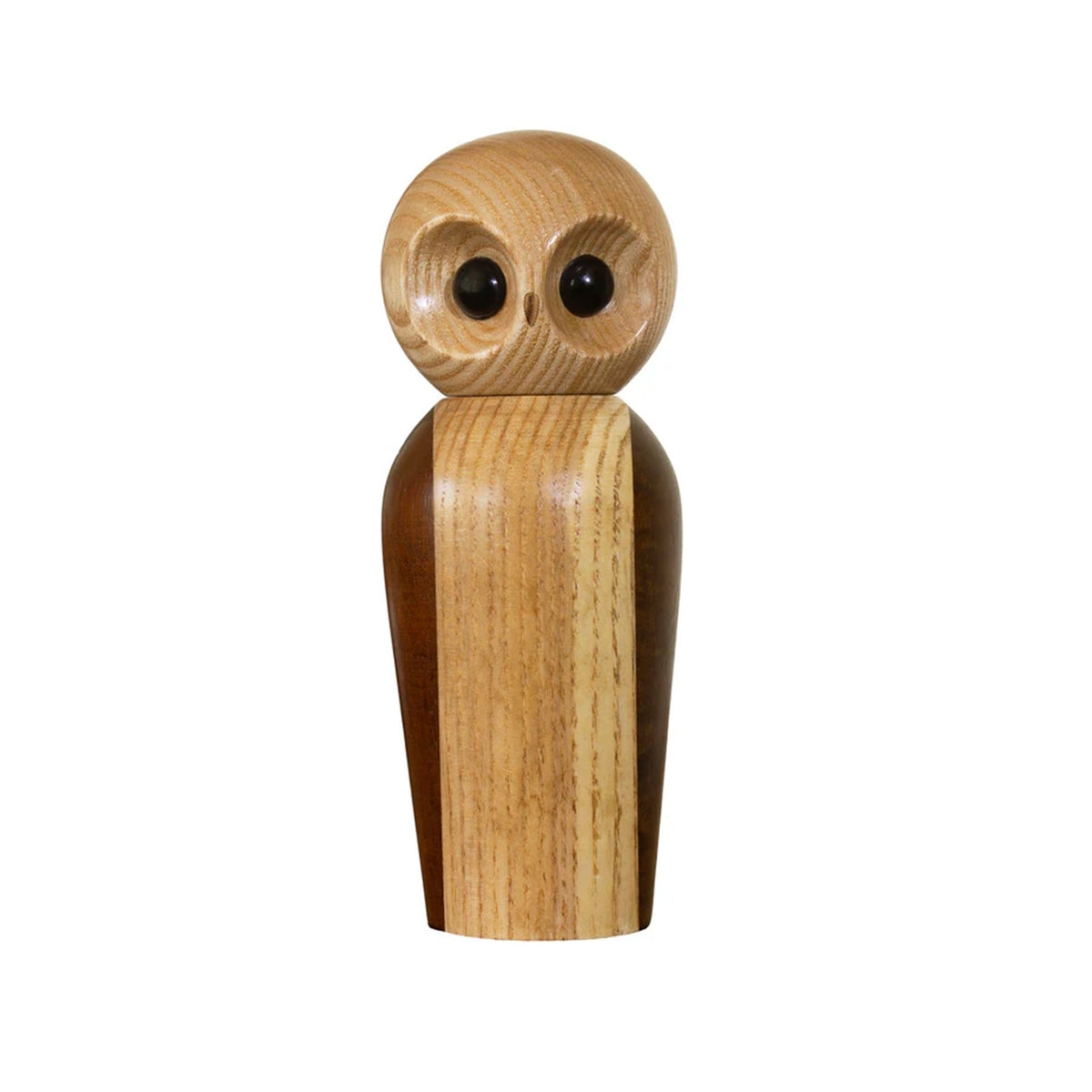 Wooden owl-shaped pepper grinder on a white background