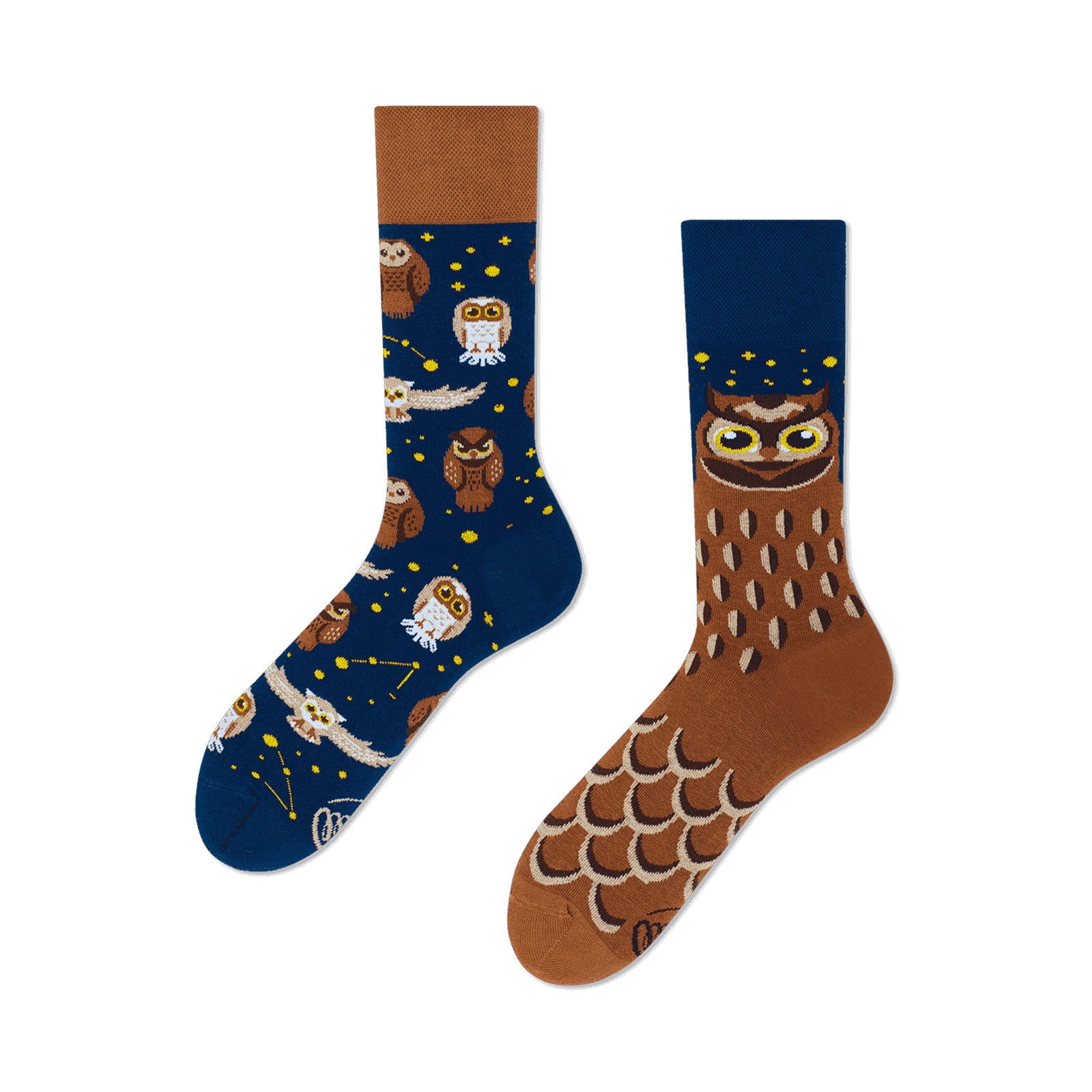 Two socks with owl patterns on a white background