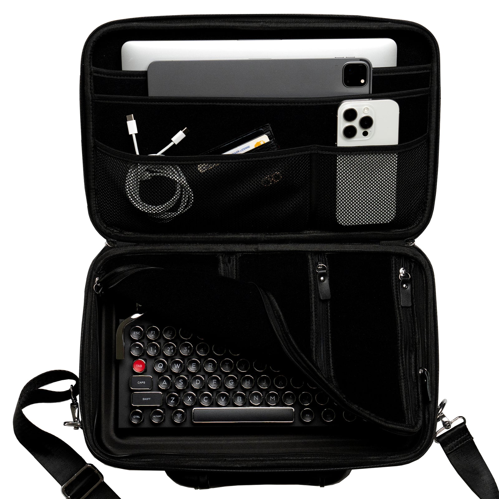 Black carrying case with compartments for electronic devices on a white background