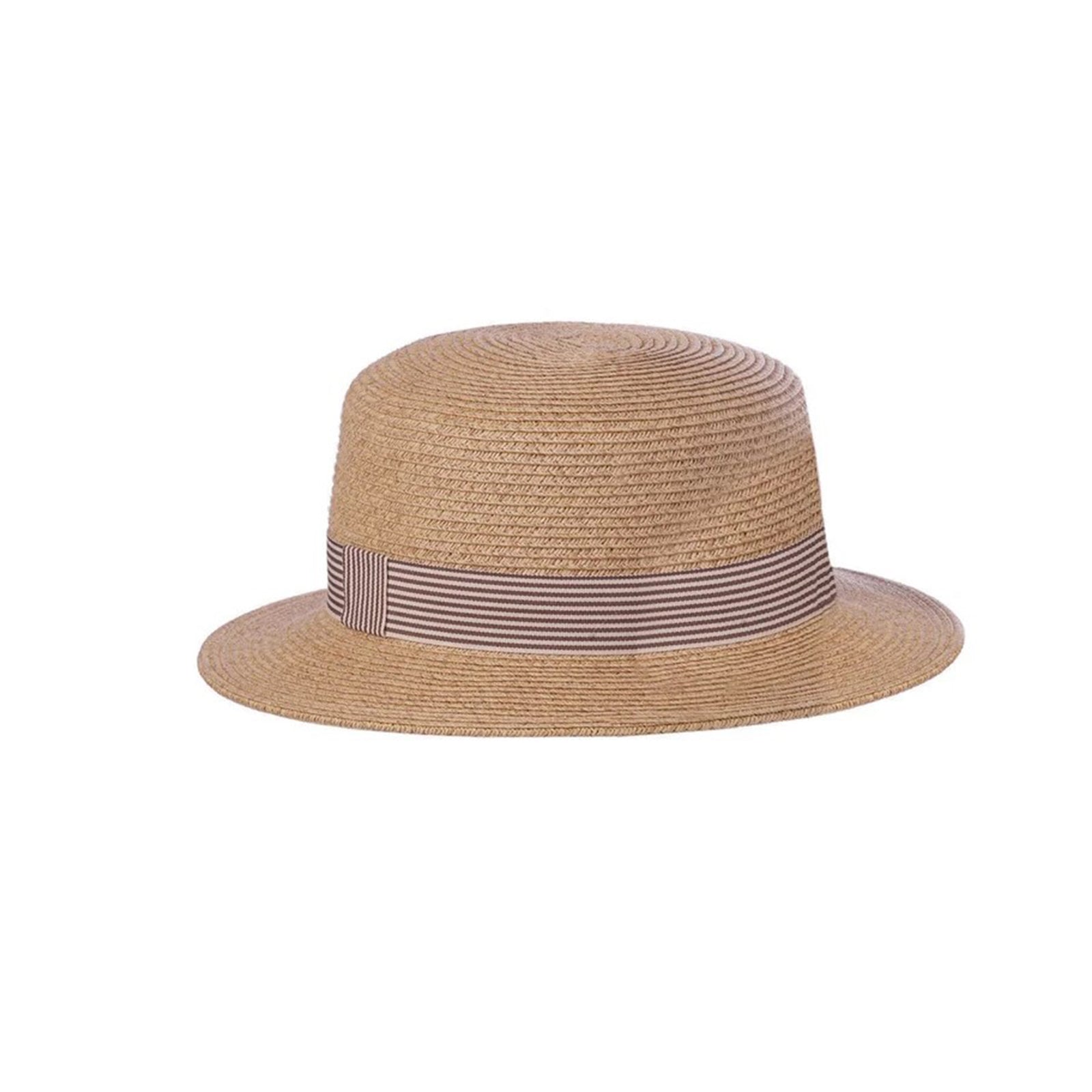 A natural straw fedora hat with a brown and white striped ribbon band, shown against a plain white background.