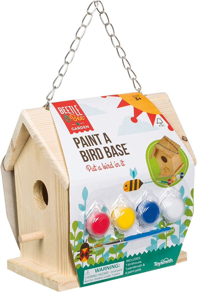 This fun-to-paint bird house is a great weekend or holiday project for kids and is a colorful way to bring birds into your backyard. Made using safe, non-toxic paints, and high quality FSC Certified wood products. Includes fully assembled wooden birdhouse, paint pots, brush and hanging chain. Ages 3+.
