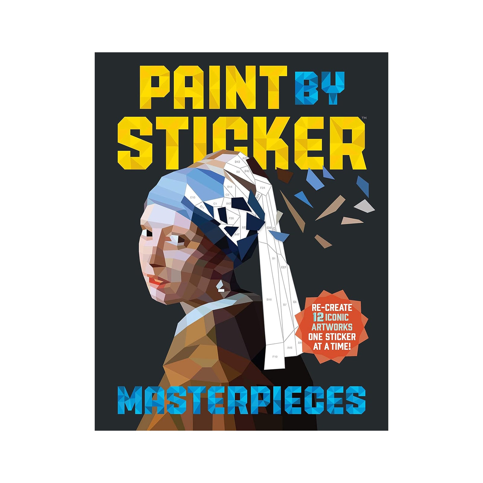 Book cover of 'Paint by Sticker Masterpieces' with a stylized portrait and text.