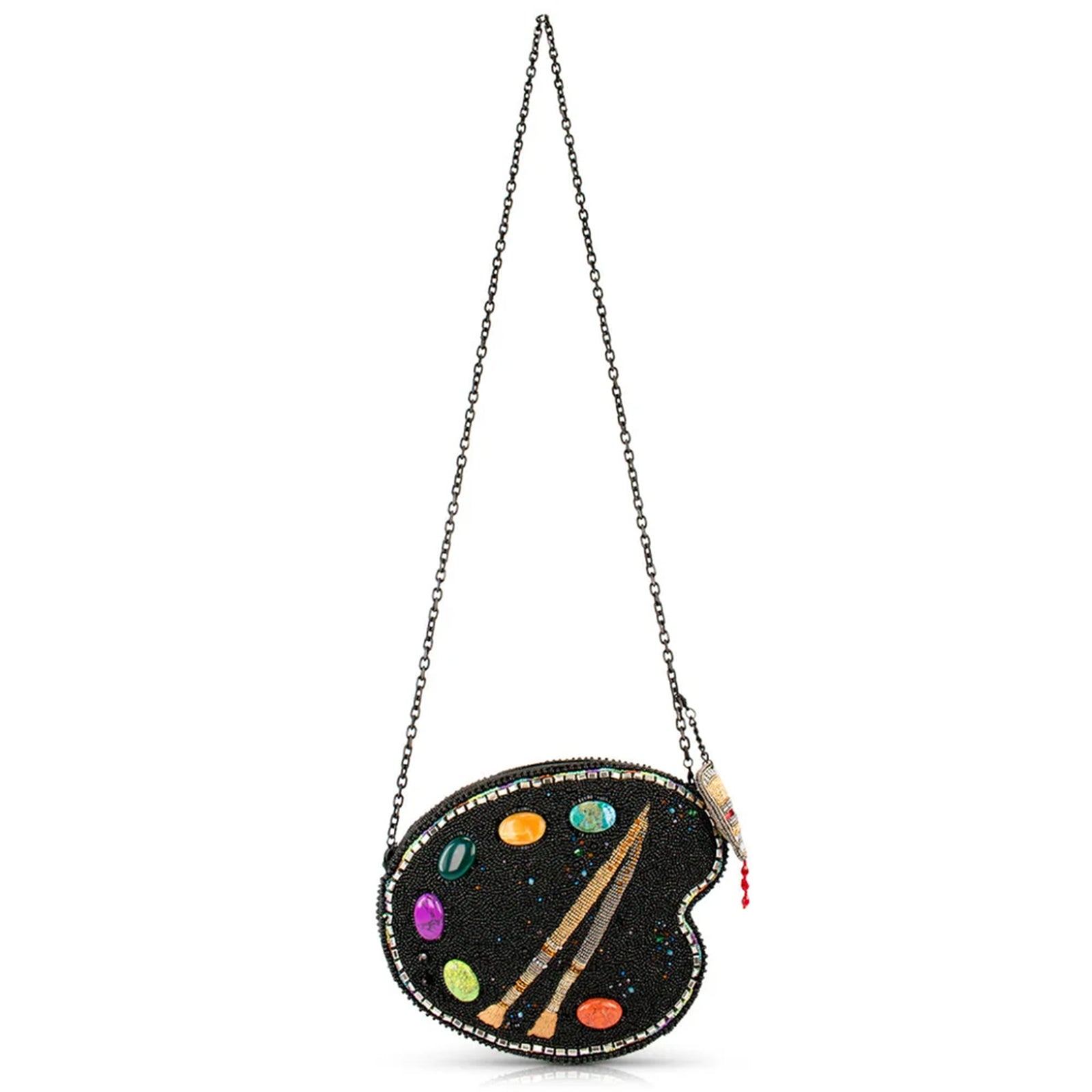 A black beaded shoulder bag featuring a colorful space-themed design with planets, stars, and a rocket ship, complete with a silver chain strap and a decorative charm.