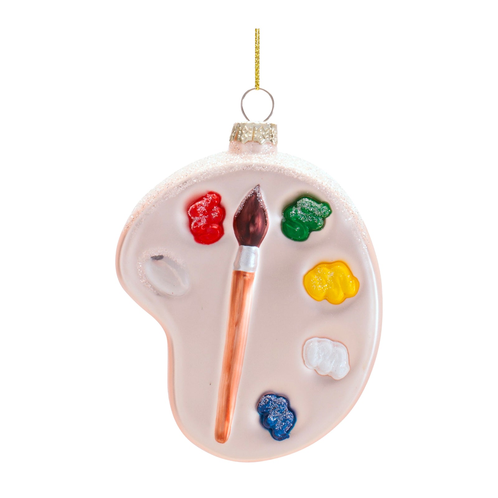 Christmas ornament shaped like a paint palette with a brush and colorful paint swatches on a white background.