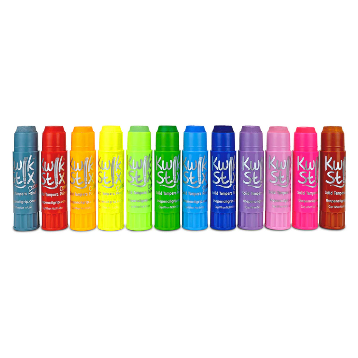 Row of colorful Kwik Stix markers on a white background